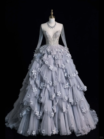 Unique A Line Long Sleeve Flower Tiered Tulle Long Party Dress Evening Dress Ball Gown HZ1023